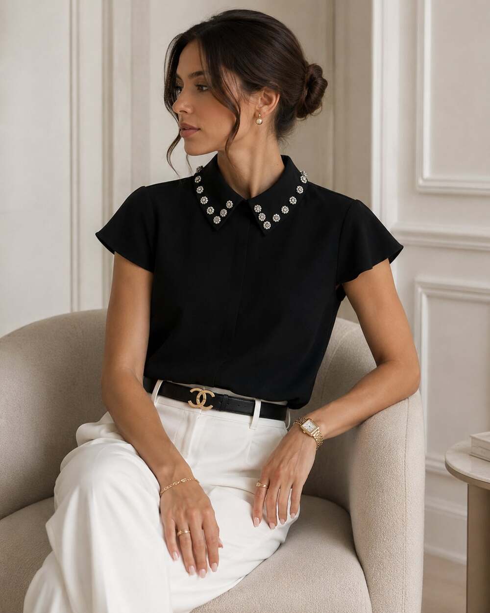 Ted Baker Alaynaa Embellished Collar Top Black Jeweled Pearl Blouse Size 2
